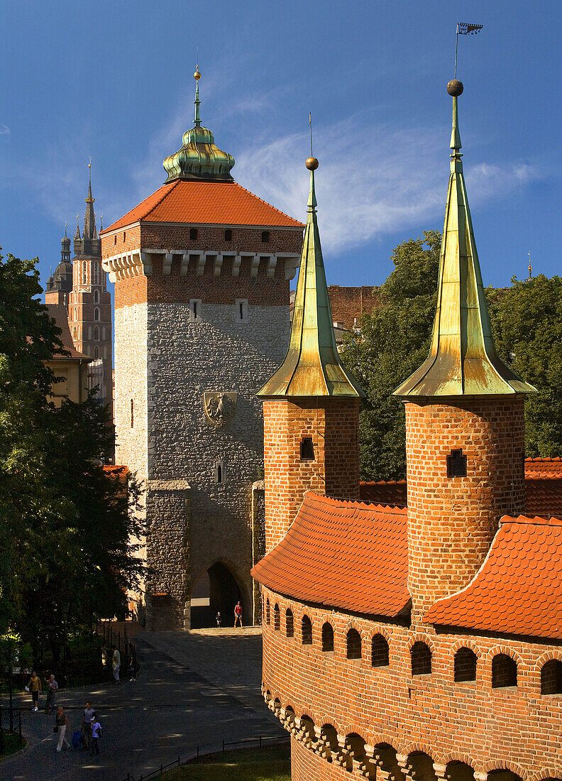 Poland,  Krakow,  Barbican,  Florian Gate and St Marys Church