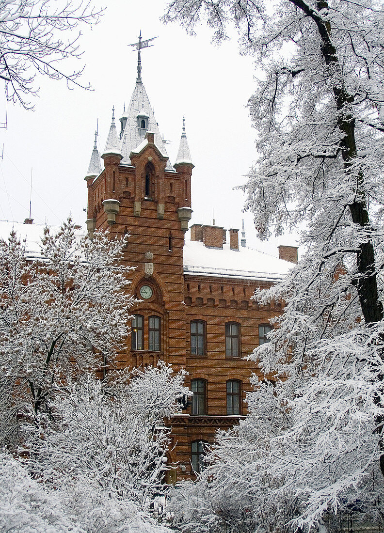 Poland,  Krakow,  Fire Department Building from Planty park,  winter