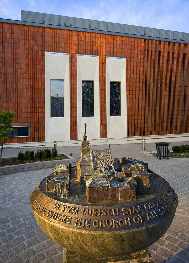 Poland,  Krakow,  model of former church Wszystkich Swietych and Wyspianski Pavilion 2000 with stain glasses by Wyspianski