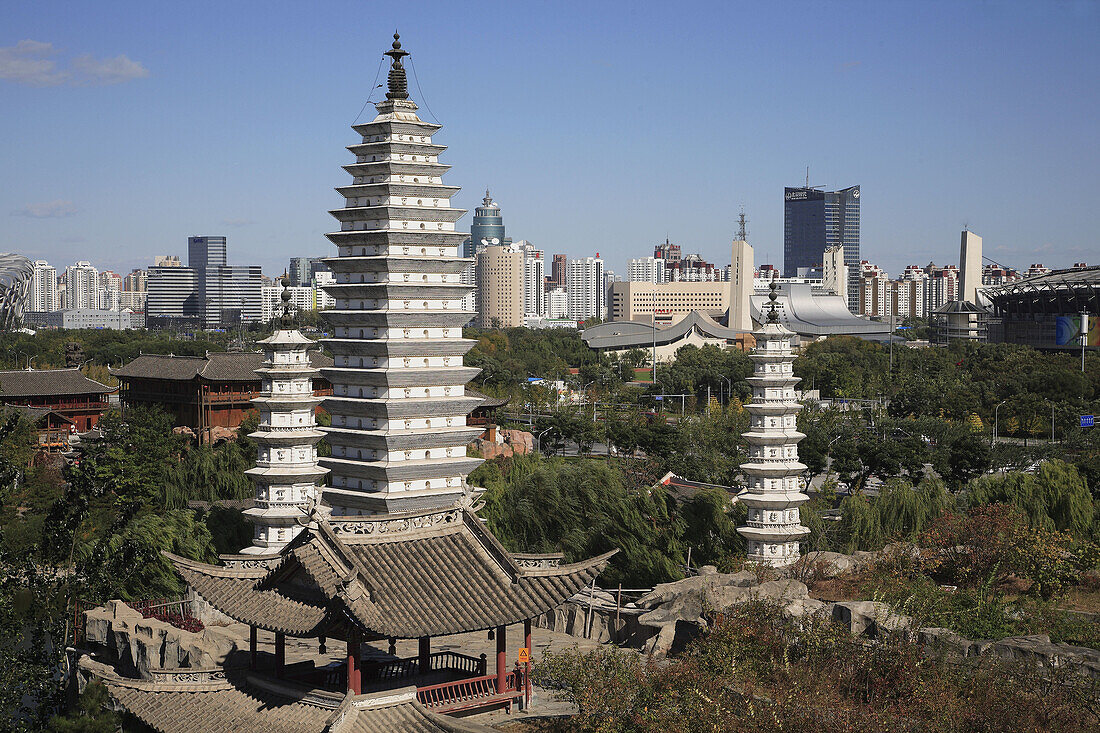 China,  Beijing,  Ethnic Culture Park,  Yunnan pagodas,  modern skyline