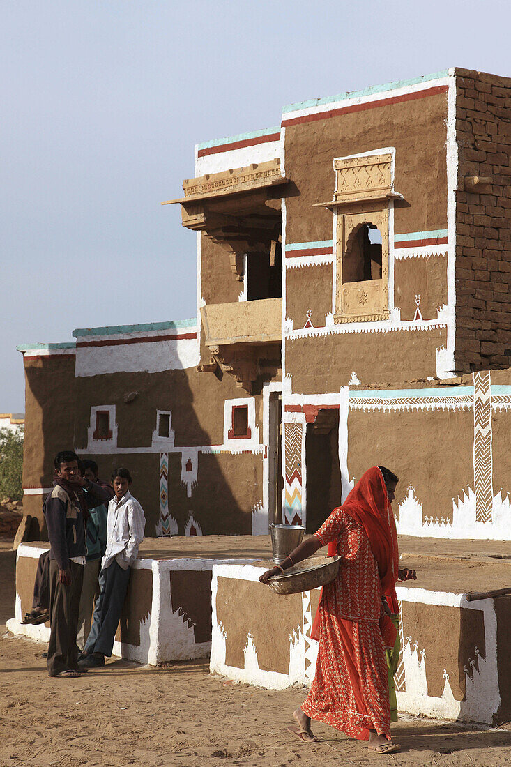 India,  Rajasthan,  Jaisalmer,  traditional painted house,  people