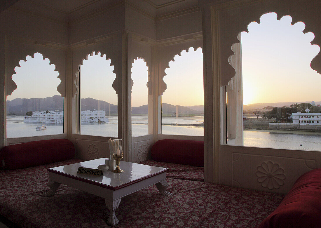 India,  Rajasthan,  Udaipur,  Jagat Niwas Palace Hotel,  balcony overlooking Pichola Lake
