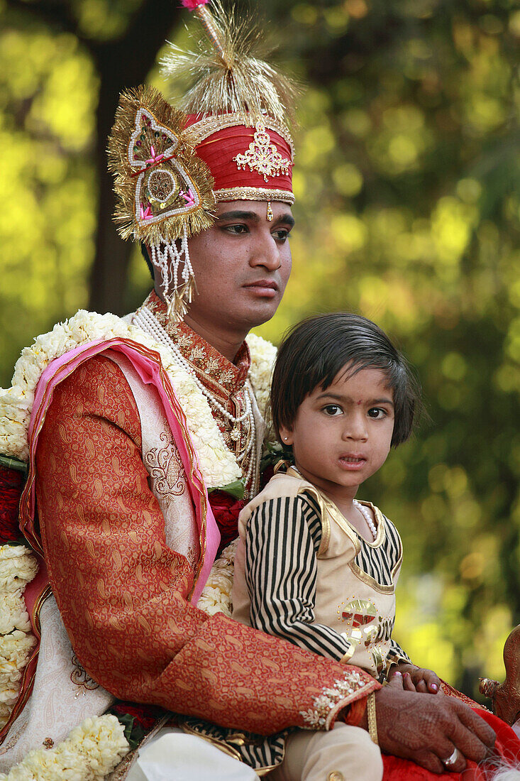 India,  Rajasthan,  Udaipur,  wedding procession,  bridegroom on horseback