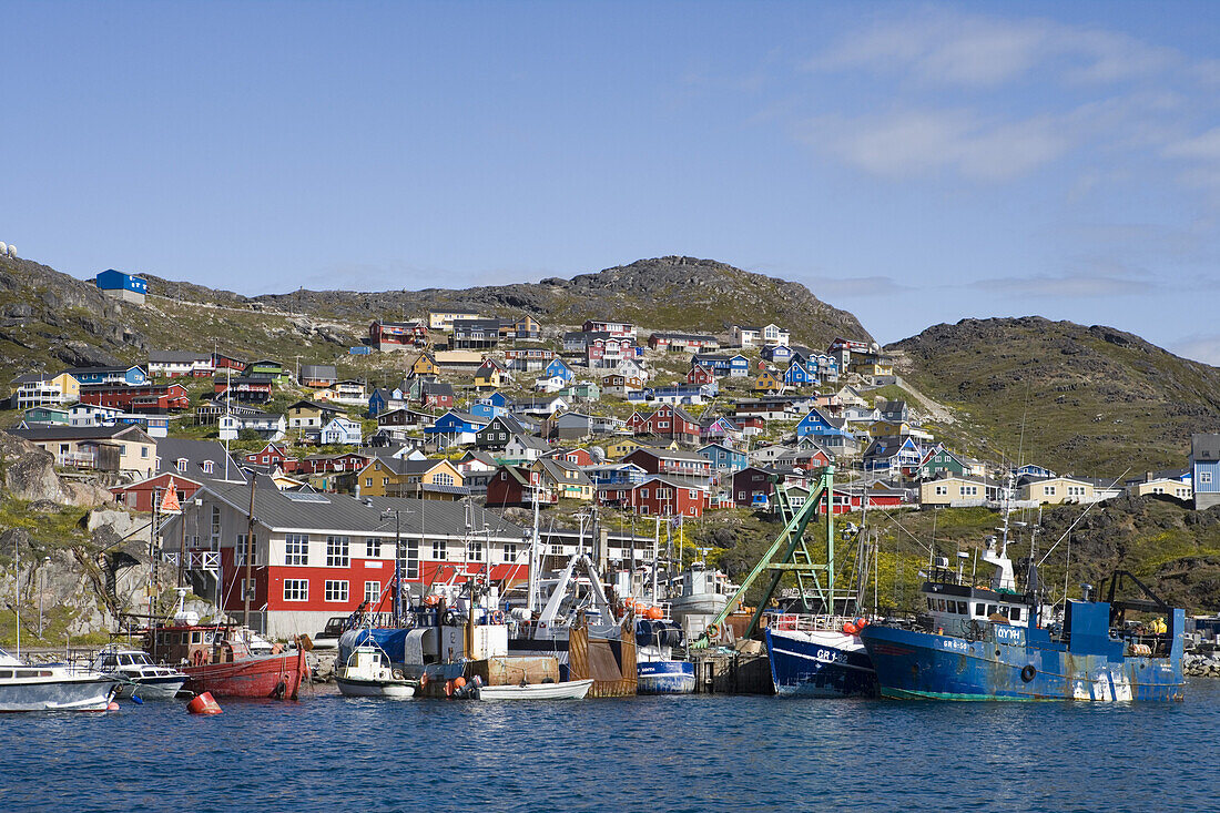 Fishing boats at harbour of coastal town Qaqortoq, Kitaa, Greenland