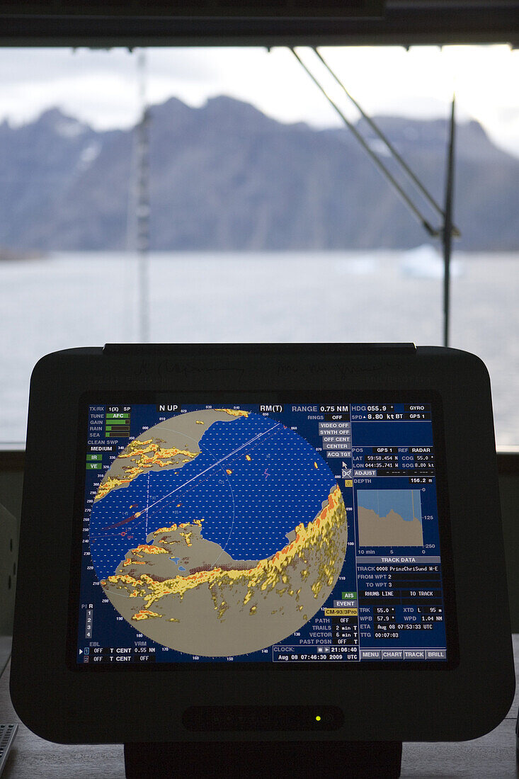 Navigational Display aboard cruise ship MS Deutschland, Prince Christian Sound, Kitaa, Greenland