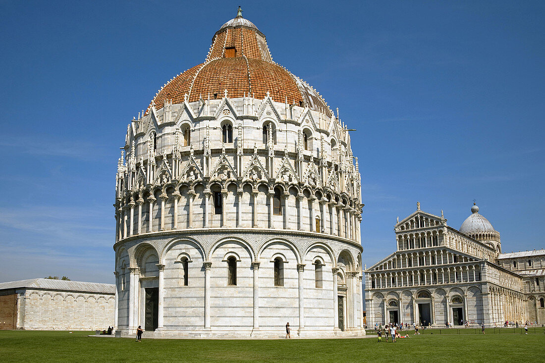 The baptistry and cathedral,  Piazza del Duomo,  Pisa,  Tuscany,  Italy