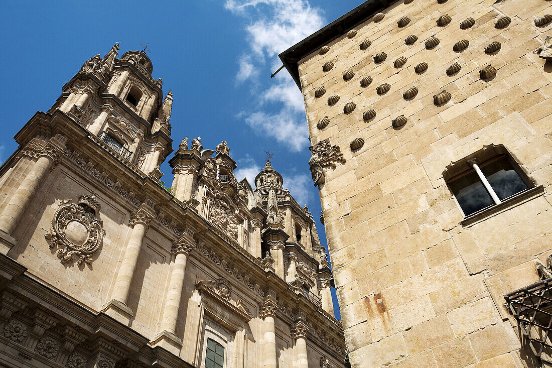 La Clerecia (18ht century baroque Jesuit monastery) and Casa de las Conchas (16th century) on the right,  Salamanca. Castilla-Leon,  Spain