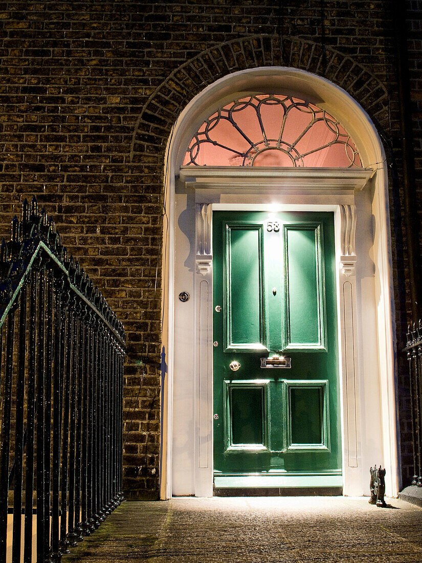 Typical Irish door in the night,  Dublin,  Ireland