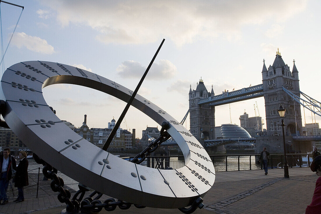 Sundial and Tower Bidge at sunset,  London,  England,  UK