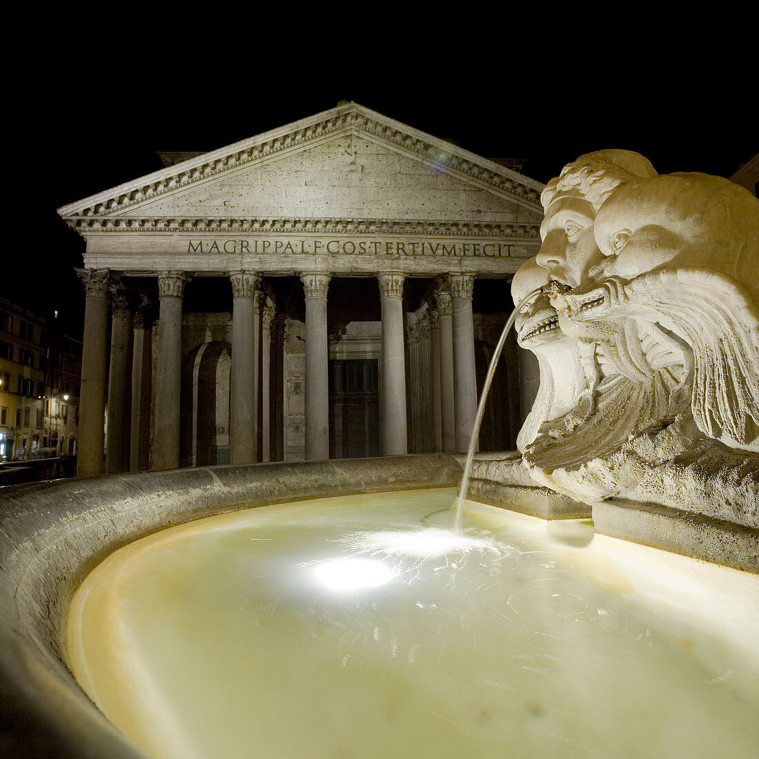 Italy,  Rome,  fountain at Pantheon at night