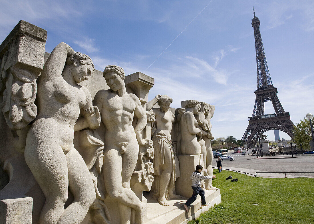 Statue in front of Eiffel tower, France,  Paris