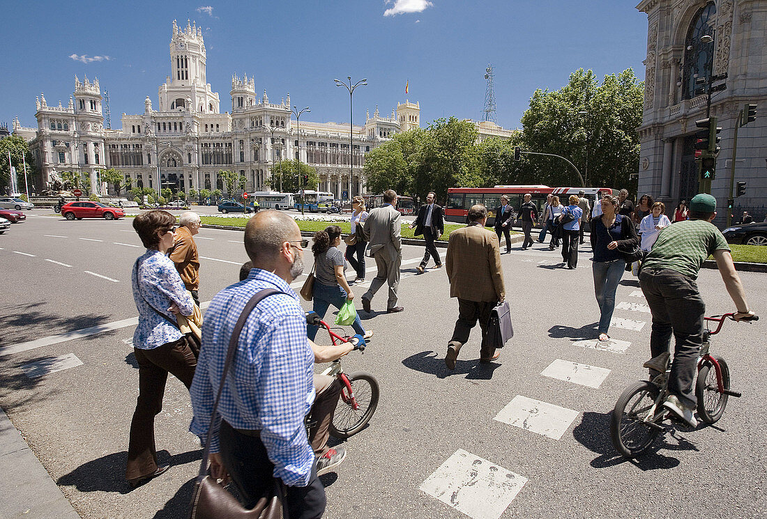 Zebra Crossing,  on bacground Palacio De Comunicaciones,  Plaza de Cibeles,  Madrid,  Spain