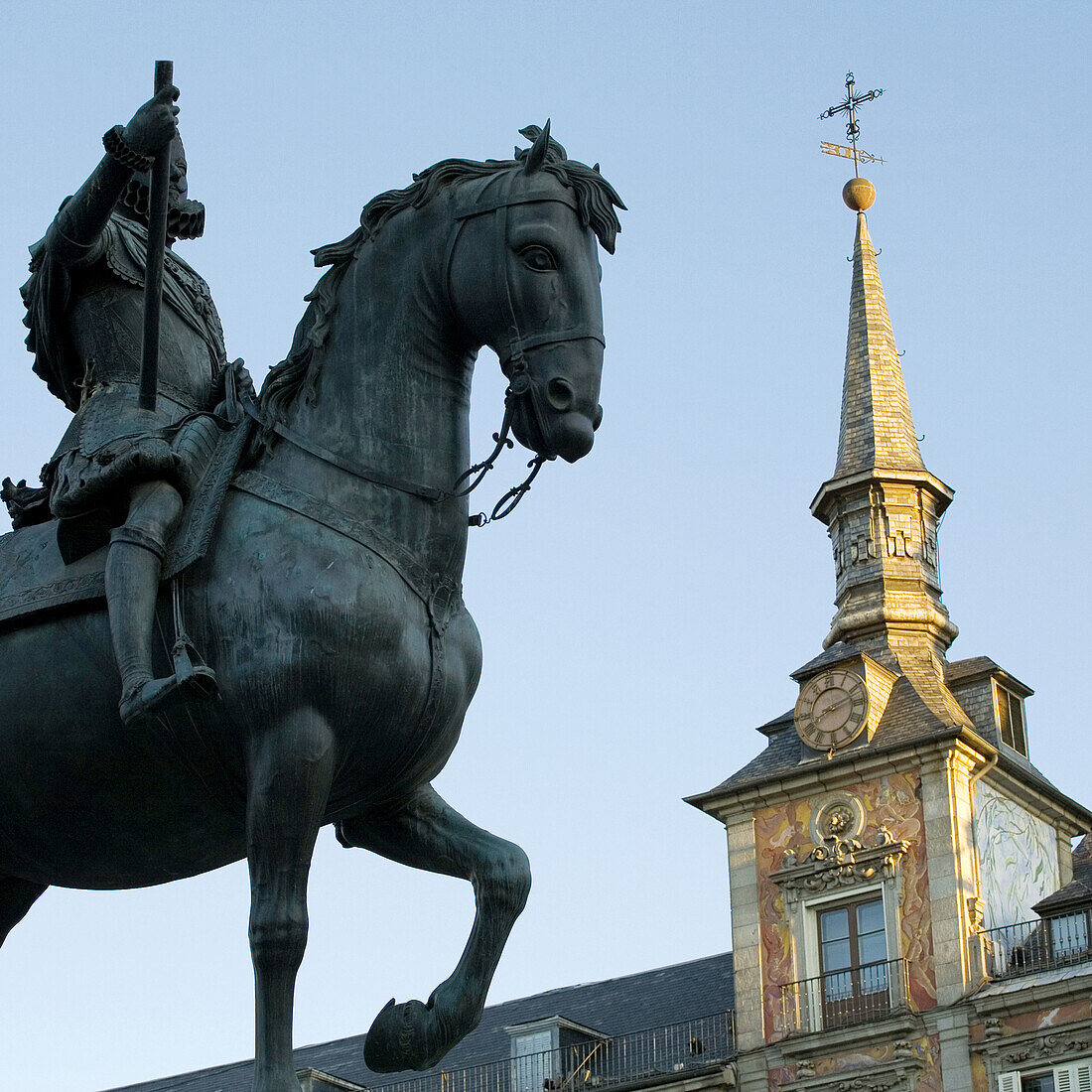 The Spanish capital´s historic Plaza Mayor is its famous equestrian statue of King Felipe III The work of Giovanni de Bologna and Pietro Tacca,  the statue was created in 1616 and moved from the Casa de Campo in 1848 Madrid,  Spain
