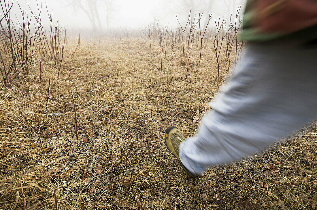 Person hiking on grass trail on a foggy morning Motion blur