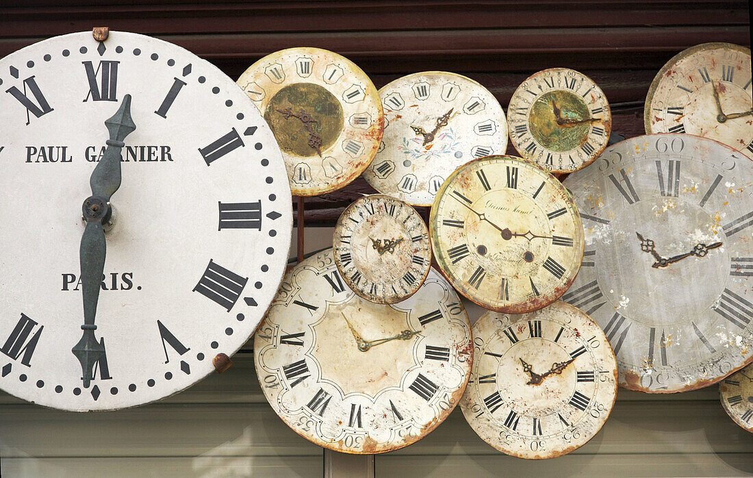 Old clocks at watchmakers´s shop façade,  Vannes. Brittany,  France