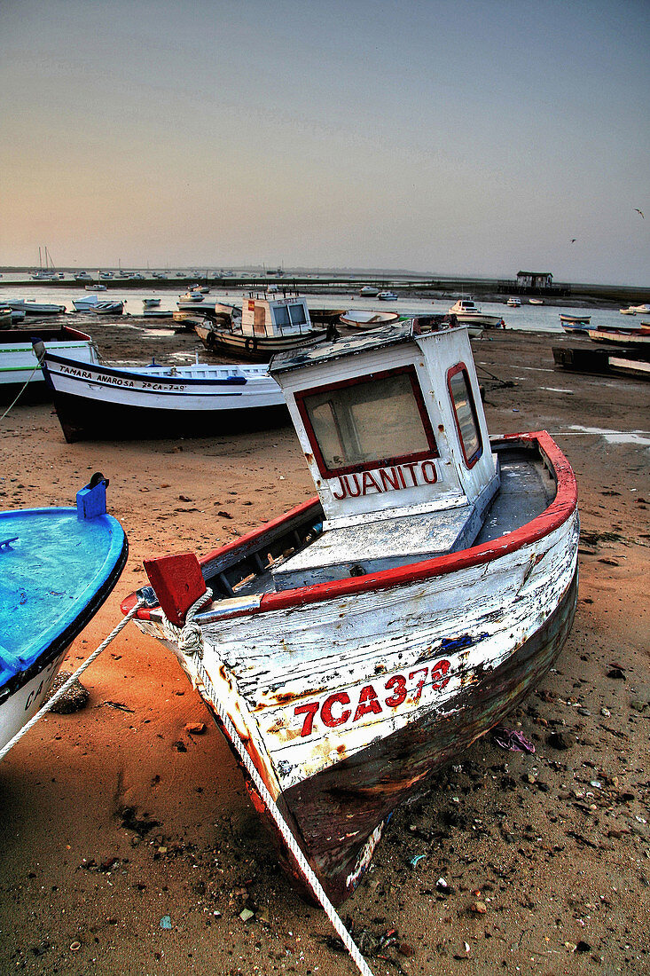 Barcos varados en el puerto de Santi Petri,  Chiclana,  Cadiz,  Andalucía,  España.,  Boats stranded at the port of Santi Petri,  Chiclana,  Cadiz,  Andalucia,  Spain.