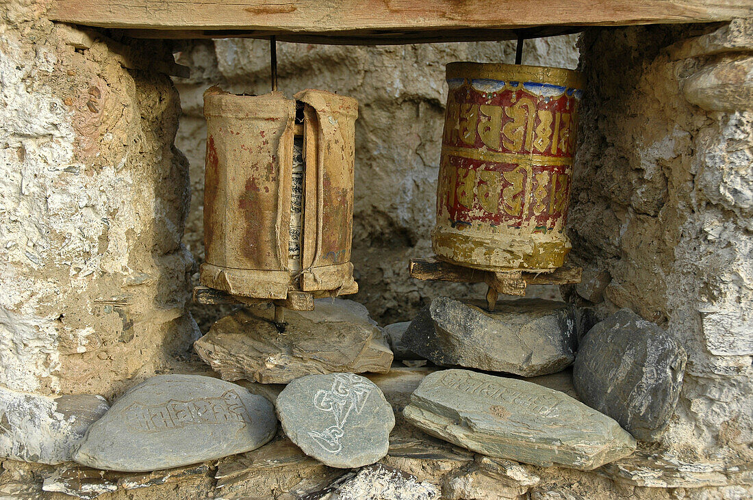 Old Tibetan prayer wheels at Lama Yuru monastery Ladakh,  India