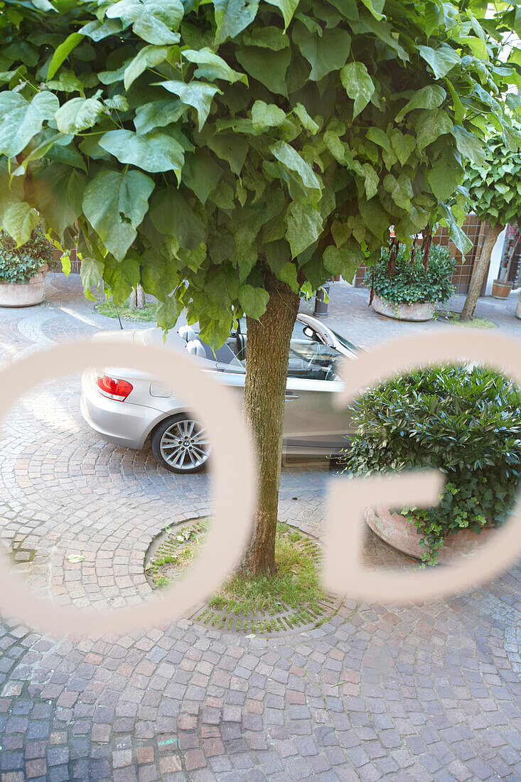 Cabrio unter einen Baum, Baden-Baden, Baden-Württemberg, Deutschland