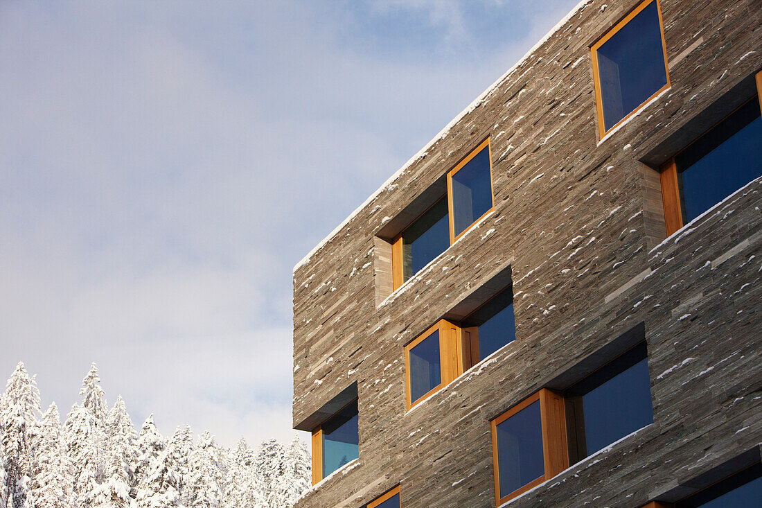 Facade of Rocksresort, Laax, Canton of Grisons, Switzerland