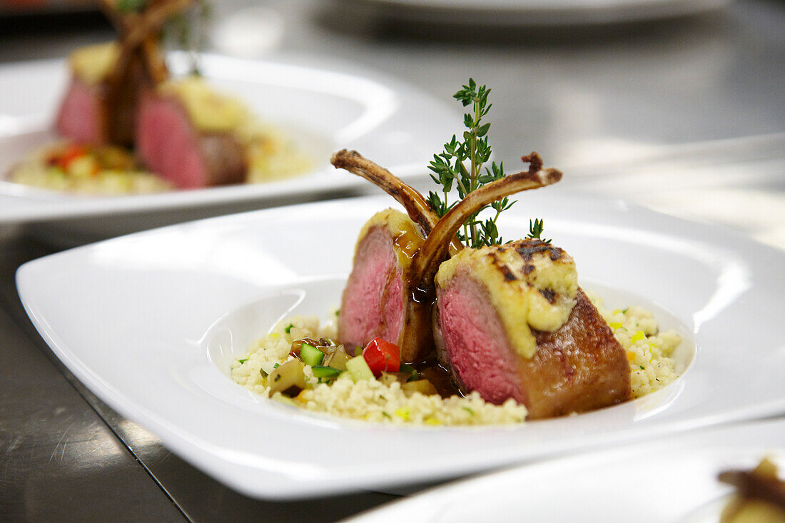 Lamb dish served in the Signina restaurant, Rocksresort, Laax, Canton of Grisons, Switzerland