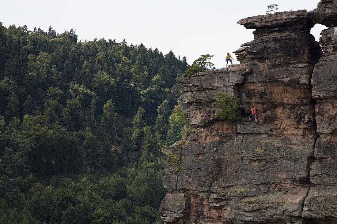 Klettern am Asselstein, Annweiler am Trifels, Pfälzerwald, Rheinland-Pfalz, Deutschland