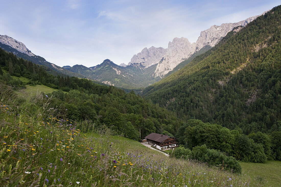 Old forester's lodge, mountain ridge Wilder Kaiser in background, Kaisertal, Ebbs, Tyrol, Austria