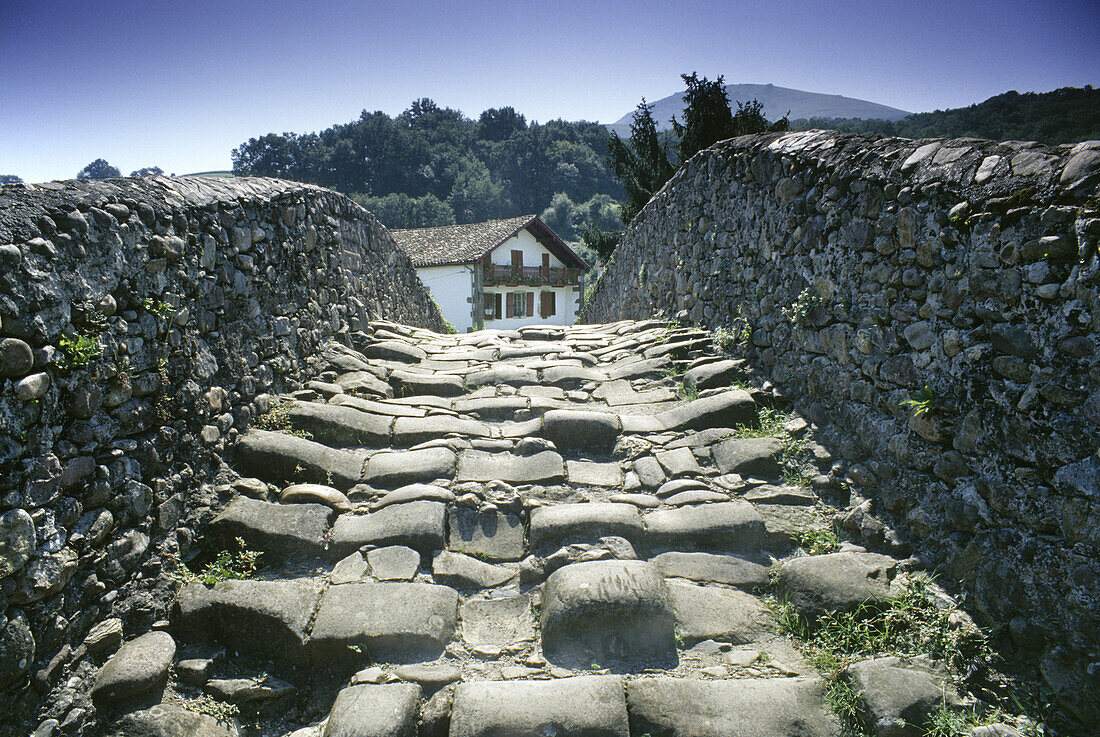 Steinbrücke im Sonnenlicht, St. Etienne-de-Baigorry, Atlantikküste, Baskenland, Pays Basque, Frankreich, Europa