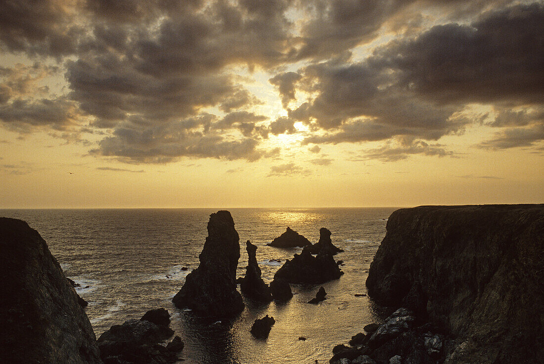 Felsnadeln Aiguilles de Port Coton bei Sonnenuntergang, Belle Ile, Bretagne, Frankreich, Europa