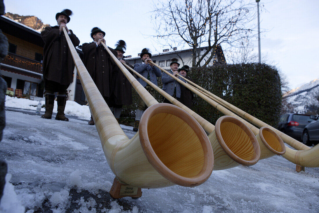 Alphornbläser am Weihnachtsmarkt in Bad Hindelang, Allgäu, Schwaben, Bayern, Deutschland