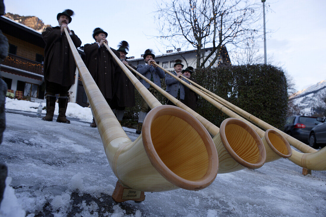 Band of Alpenhorns blowers at the Christmas market in Bad Hindelang, Allgau, Swabia, Bavaria, Germany