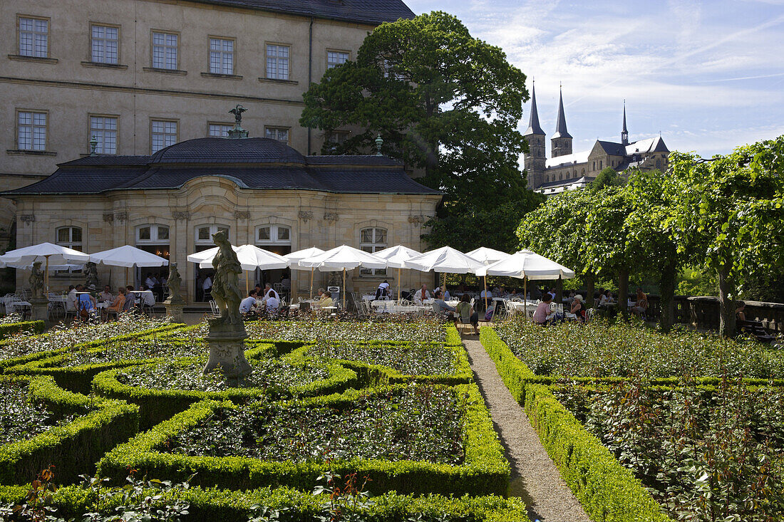 Rose garden of the Neue Residenz, in the back St Michael, Bamberg, Upper Franconia, Bavaria, Germany
