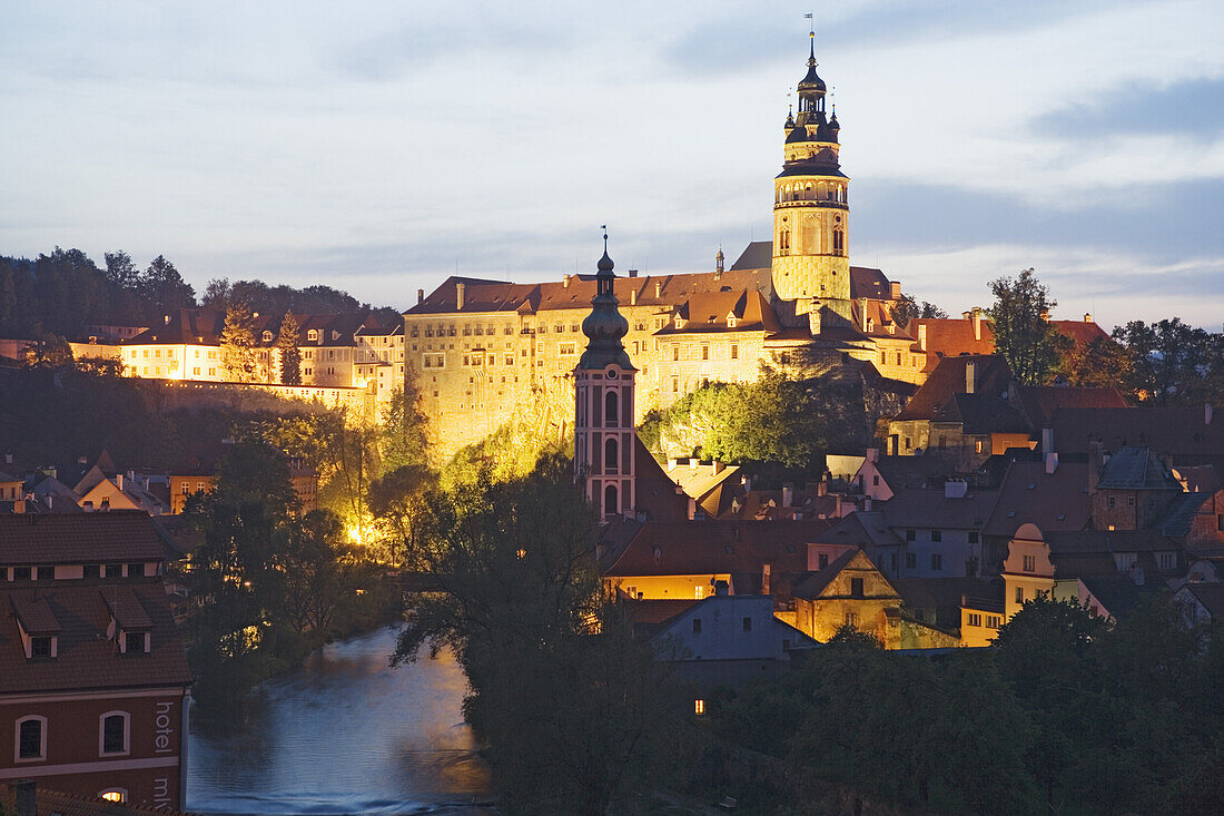 Panoramic view with the Vltava river, the castle and the church of St. Jost, Cesky Krumlov, South Bohemian Region, Czech Republic