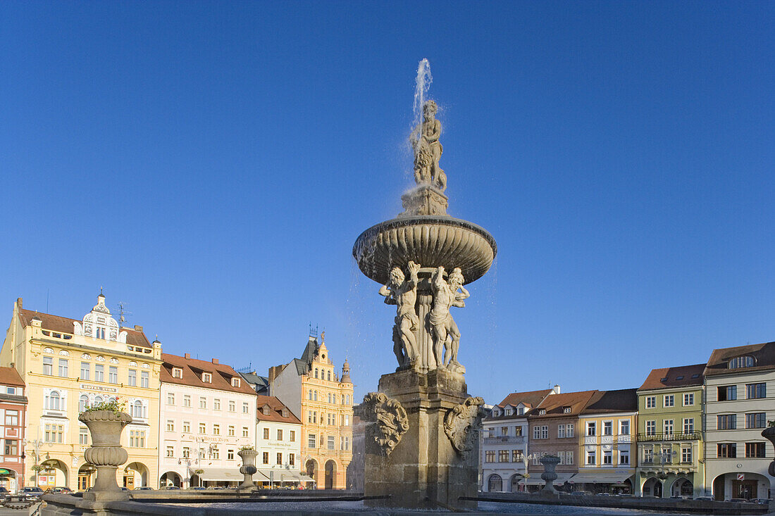 Main square with its Samson-Brunnen in Cesky Budejovice, South Bohemia, Sumava, Czech republic