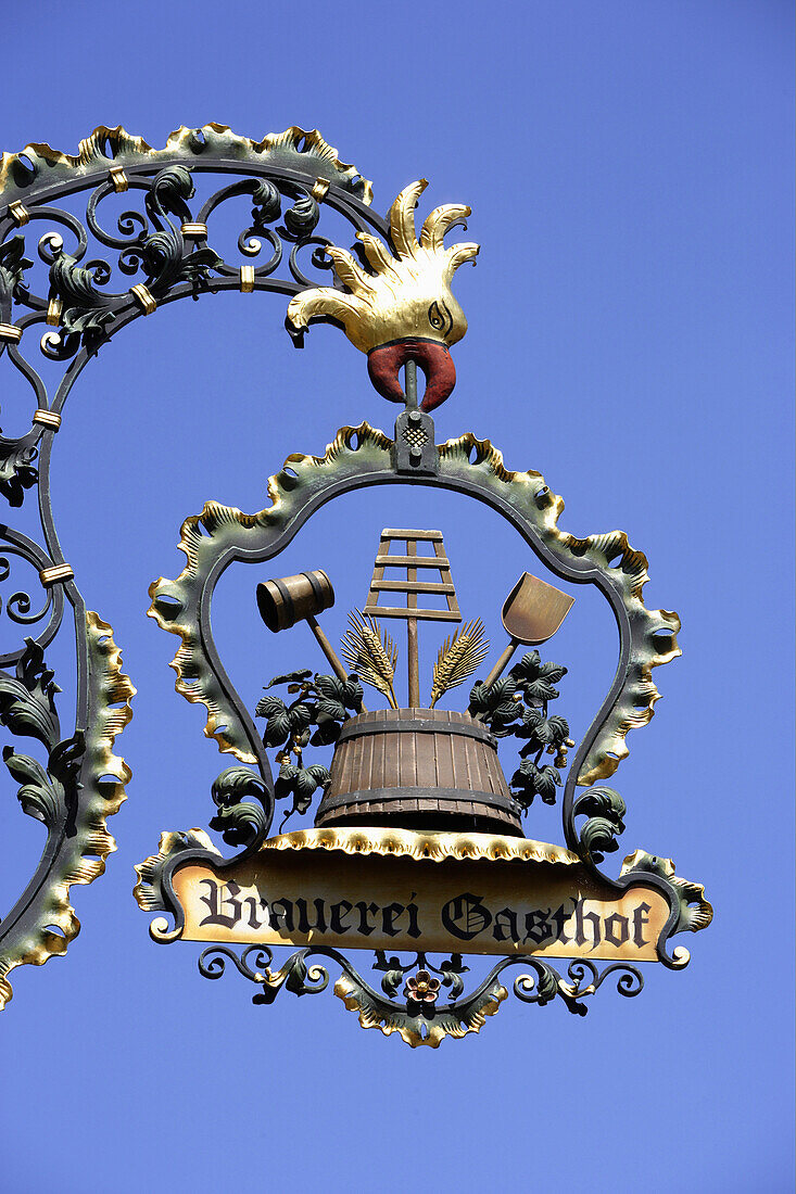 Sign of a brewery and restaurant, Graefenberg, Franconia, Bavaria, Germany