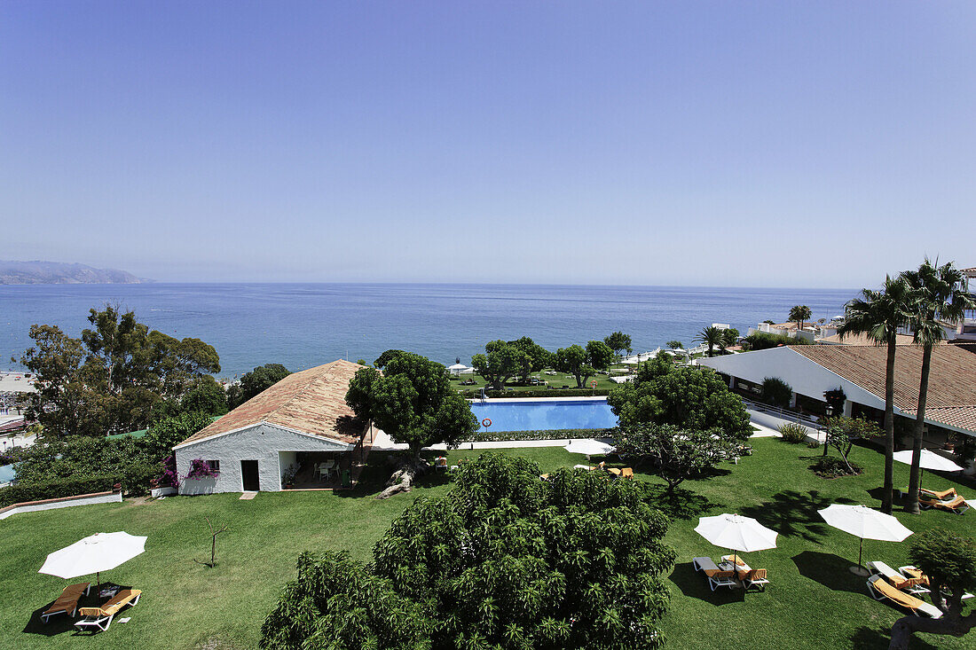 View over hotel facility to Mediterranean Sea, Nerja, Andalusia, Spain