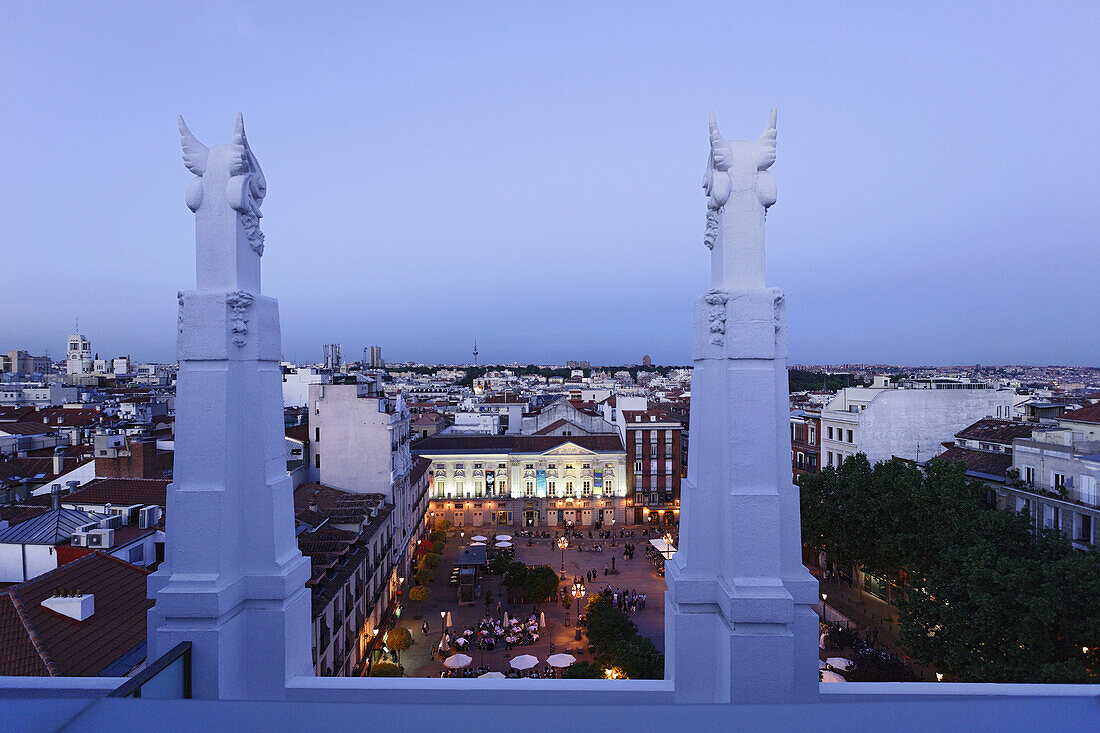 Pavement cafe in Plaza Santa Ana, Teatro Espanol in the background, Calle de Huertas, Madrid, Spain