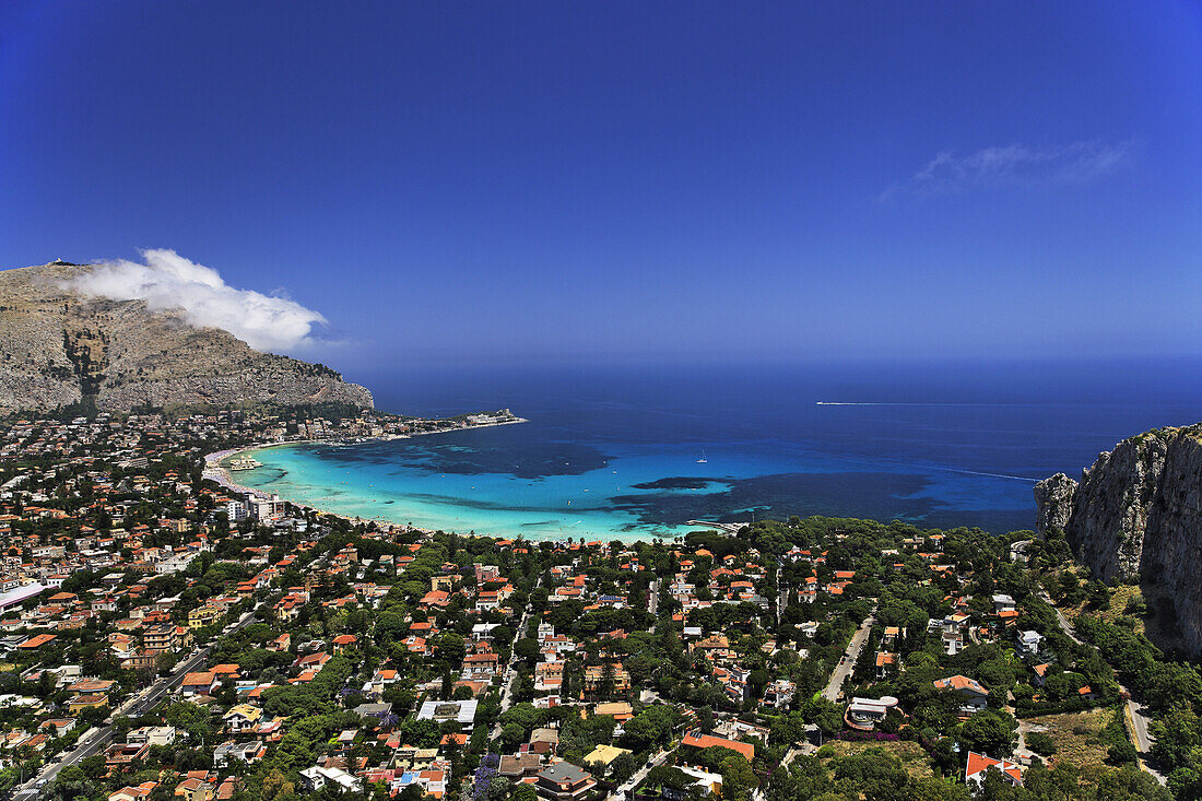 Aerial shot of Mondello with sandy beach, Palermo, Sicily, Italy