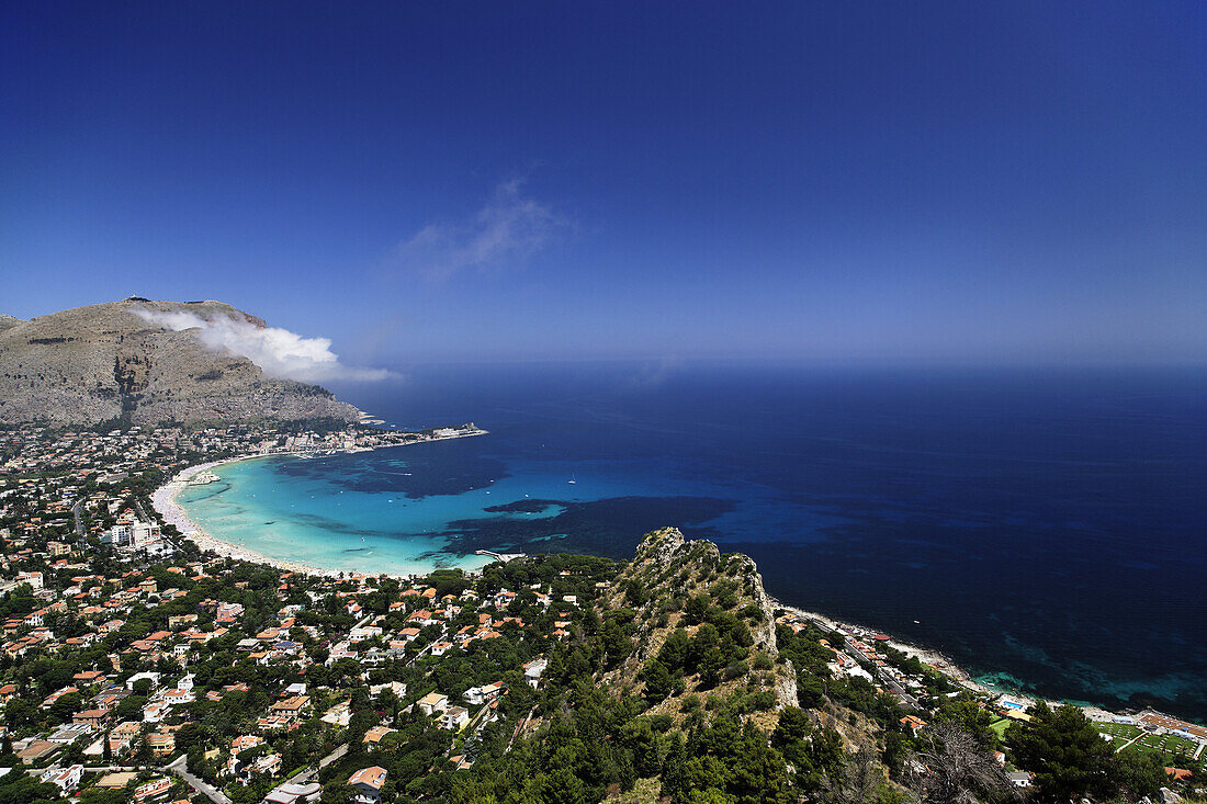 Aerial shot of Mondello with sandy beach, Palermo, Sicily, Italy