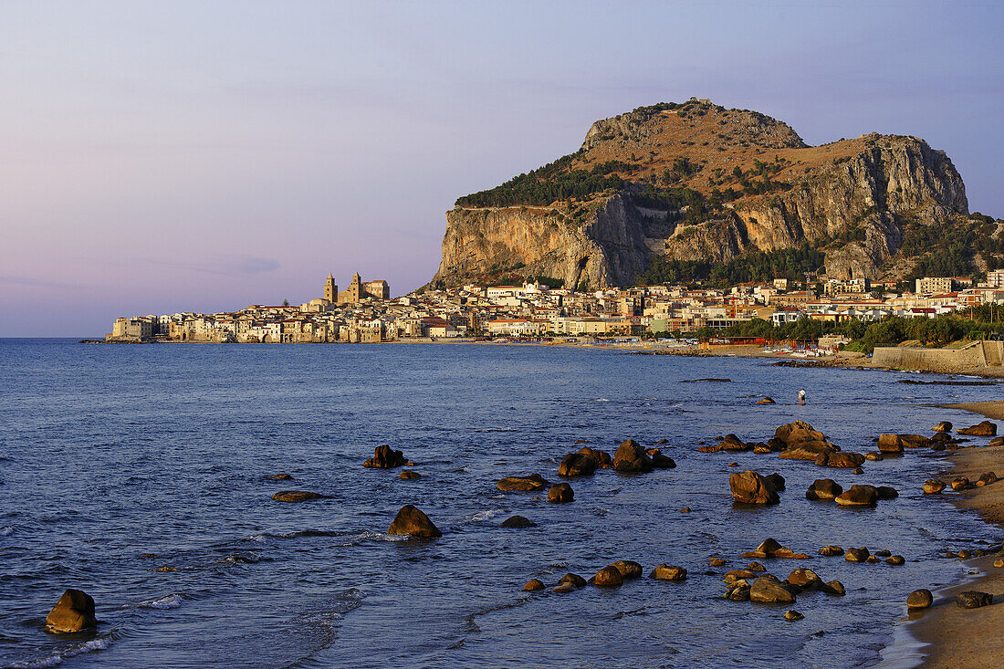 View to Cefalu with Rocca di Cefalu, Cefaly, Sicily, Italy