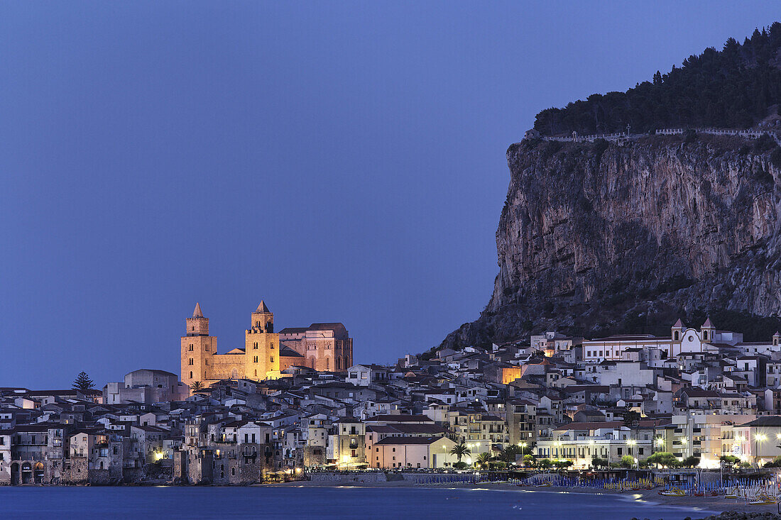 View to Cefalu with Rocca di Cefalu, Cefaly, Sicily, Italy