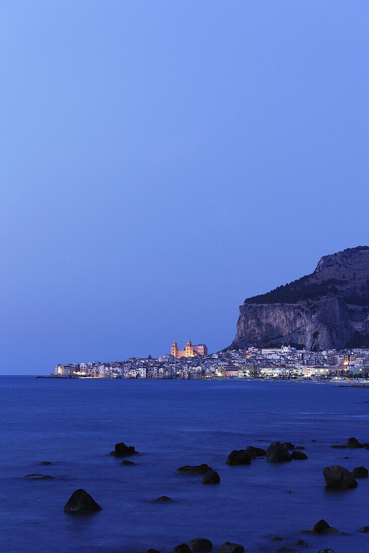 View to Cefalu with Rocca di Cefalu, Cefaly, Sicily, Italy