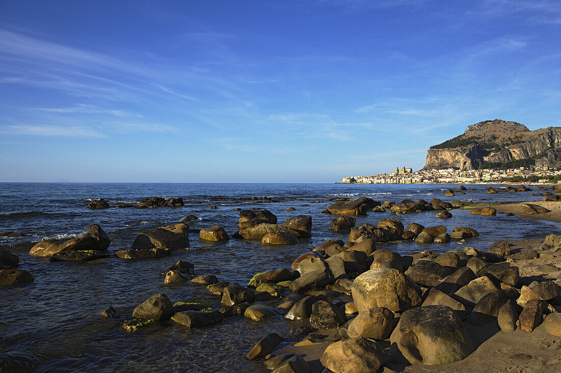 View to Cefalu with Rocca di Cefalu, Cefaly, Sicily, Italy