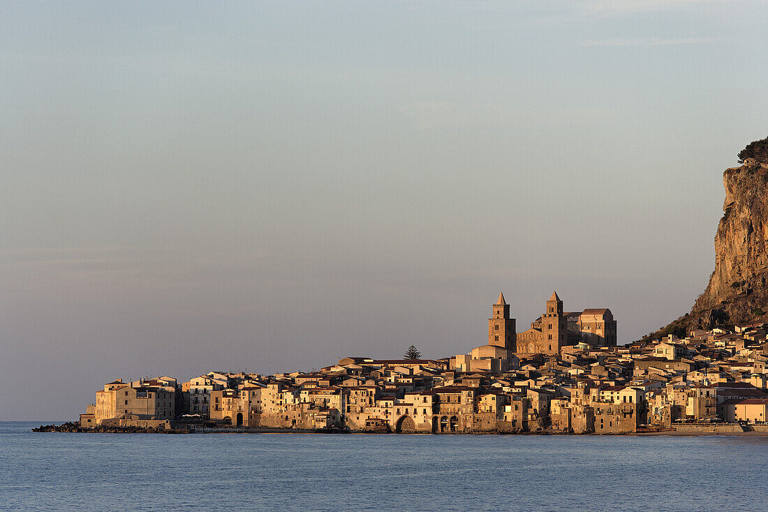 View to Cefalu with Rocca di Cefalu, Cefaly, Sicily, Italy