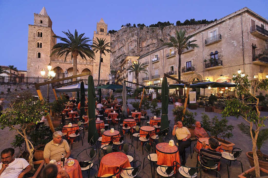 Open-air restaurant near Cathedral-Basilica of Cefalu, Sicily, Italy