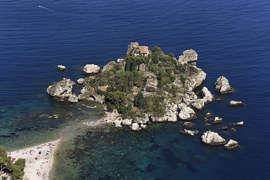 Aerial shot of Isola Bella, Taormina, Sicily, Italy