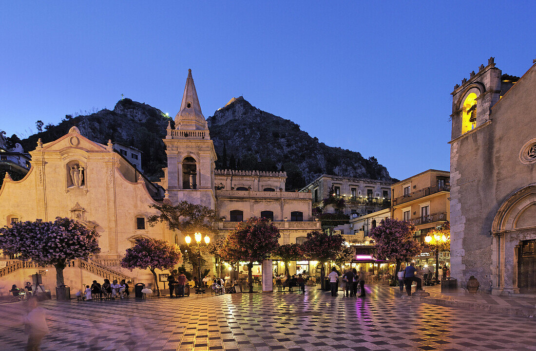 Piazza IX Aprile with San Agostino church, Taormina, Sicily, Italy