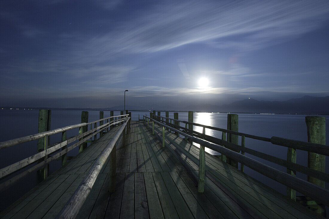 Jetty with full moon, Fraueninsel, Lake Chiemsee, Bavaria, Deutschland