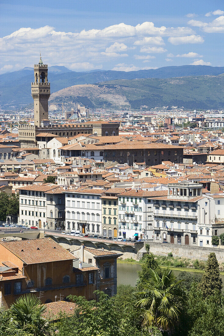 View from Piazza Michelangelo over Florence and Palazzo Vecchio, Florence, Tuscany, Italy