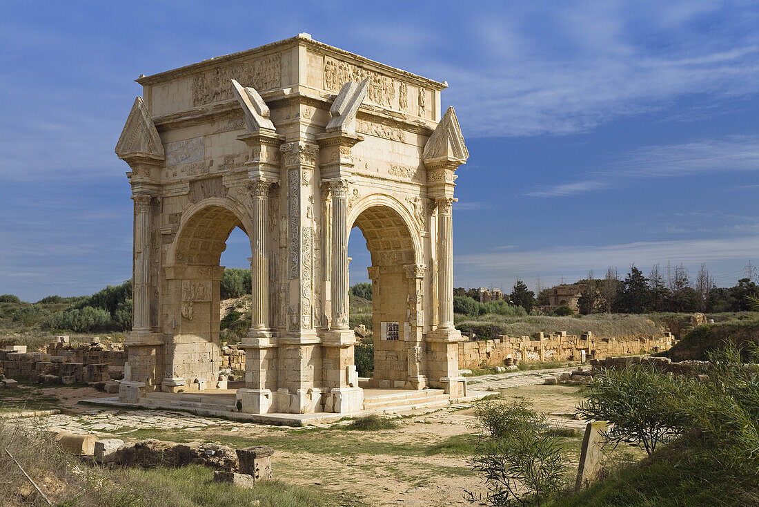Arch of the roman Emperor Septimius Severus, Archaeological Site of Leptis Magna, Libya, Africa