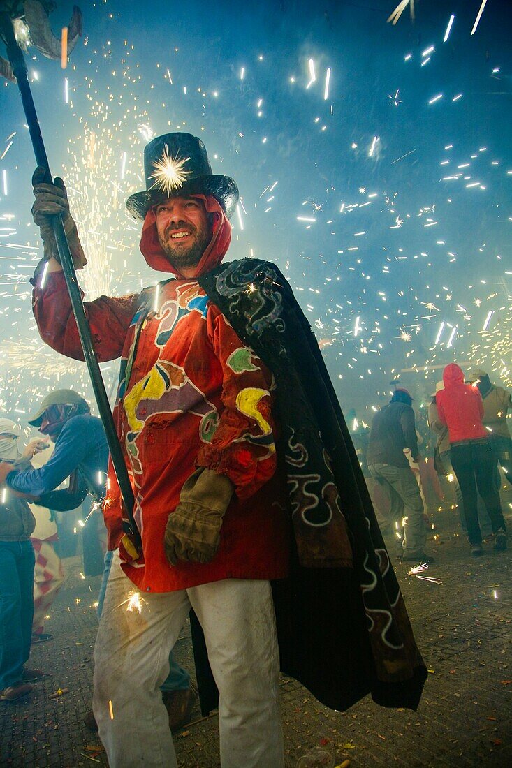 Correfoc or fire runs in Alaro  Majorca  Typical Catalan festival where people dessed like devils light fireworks while dancing in the streets  Balearic Islands  Spain  Correfoc en Alaro  Mallorca  Festival tipico catalan donde gente disfrazada de demonio